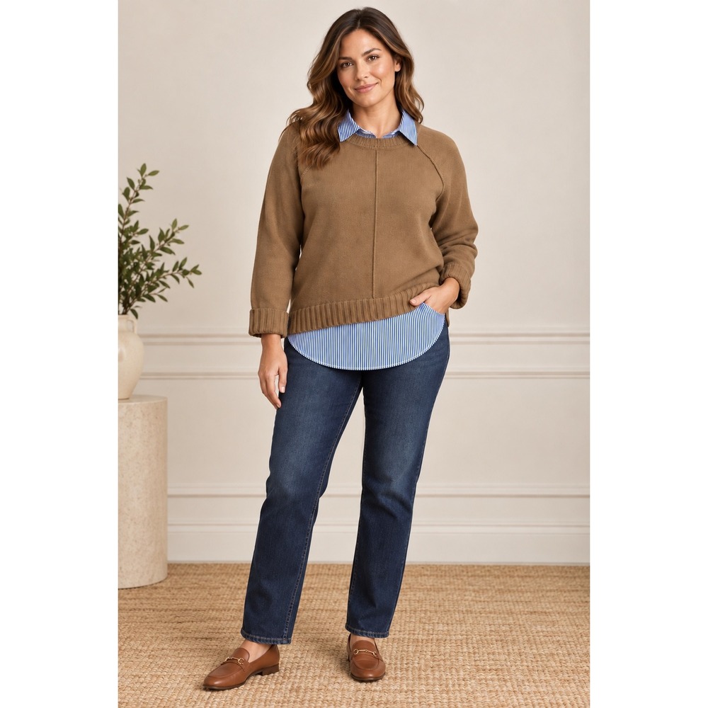 Lauren Ralph Lauren XL Camel Layered Sweater Striped Shirt Hem Cotton Blend